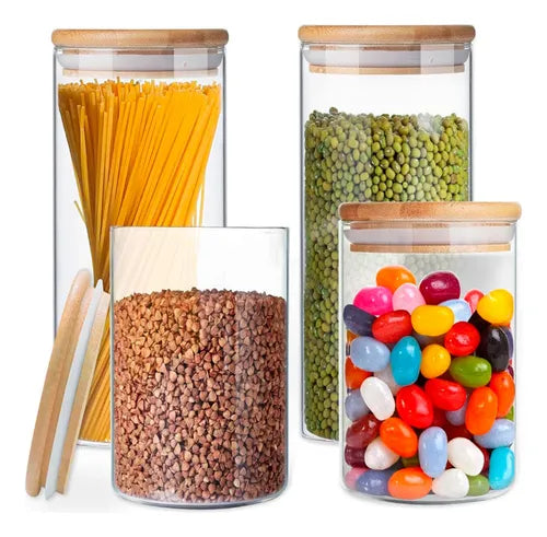 Pack 4 Frasco Contenedor Hermético Vidrio  Tapa Bamboo 2 Tamaños