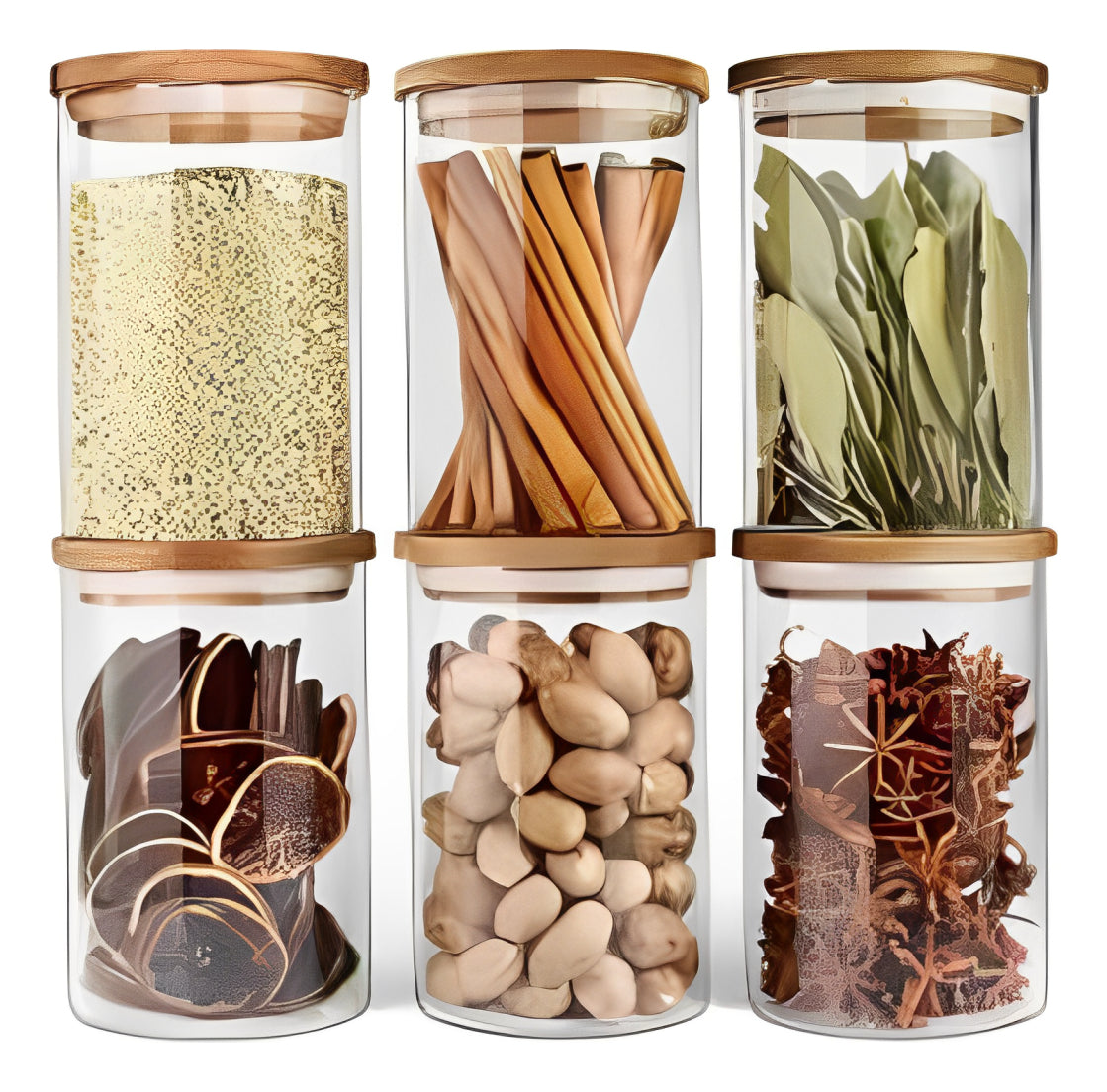 6 Frascos Vidrio Para Condimentos Especias Tapa Bambú 10cm Transparente