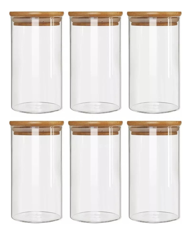 6 Frascos Vidrio Para Condimentos Especias Tapa Bambú 10cm Transparente